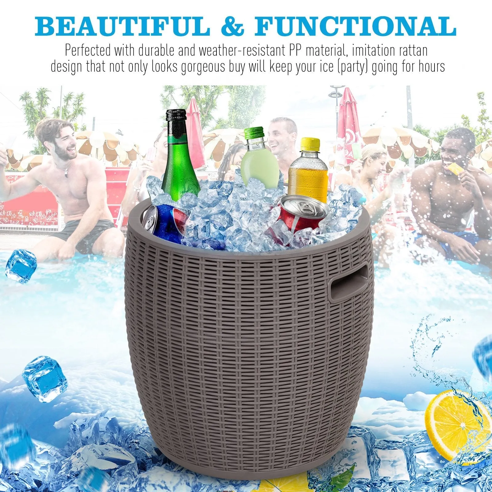 45L Outdoor Rattan-Effect Lift-Top Ice Cooler Table Grey