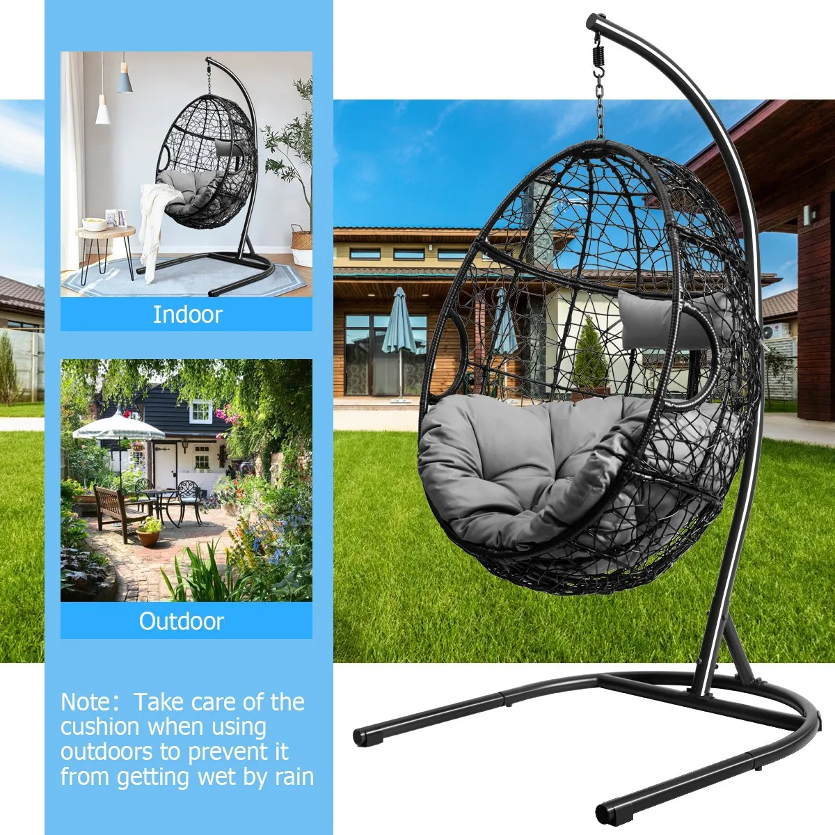 Egg Swing Chair with Stand and Ultraviolet-Resistant Seat Cushion-Grey