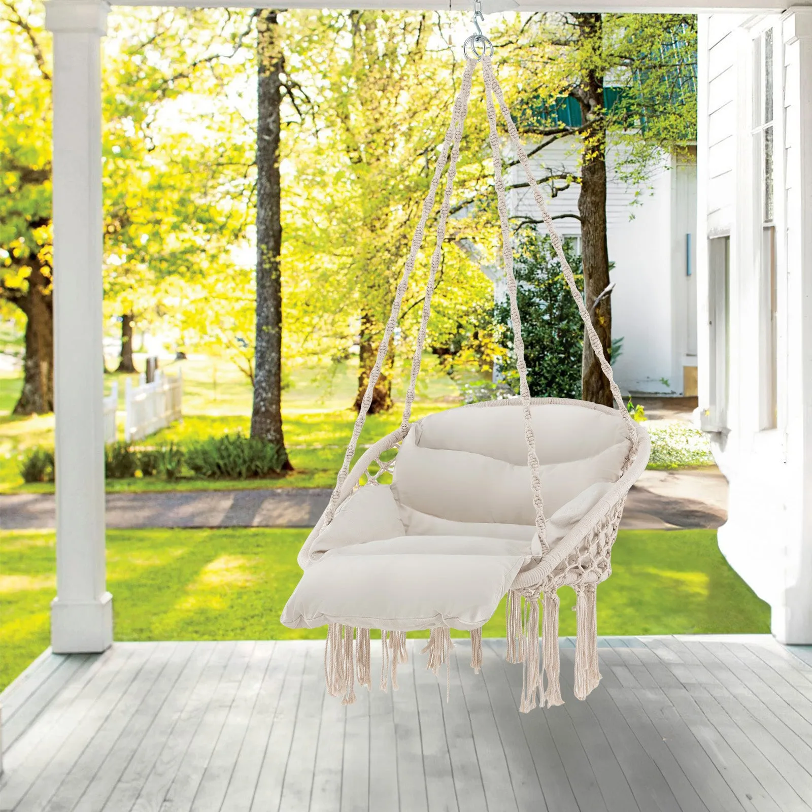 Hammock Chair with Thick Cushion and Macrame for Porch Poolside and Deck-Beige