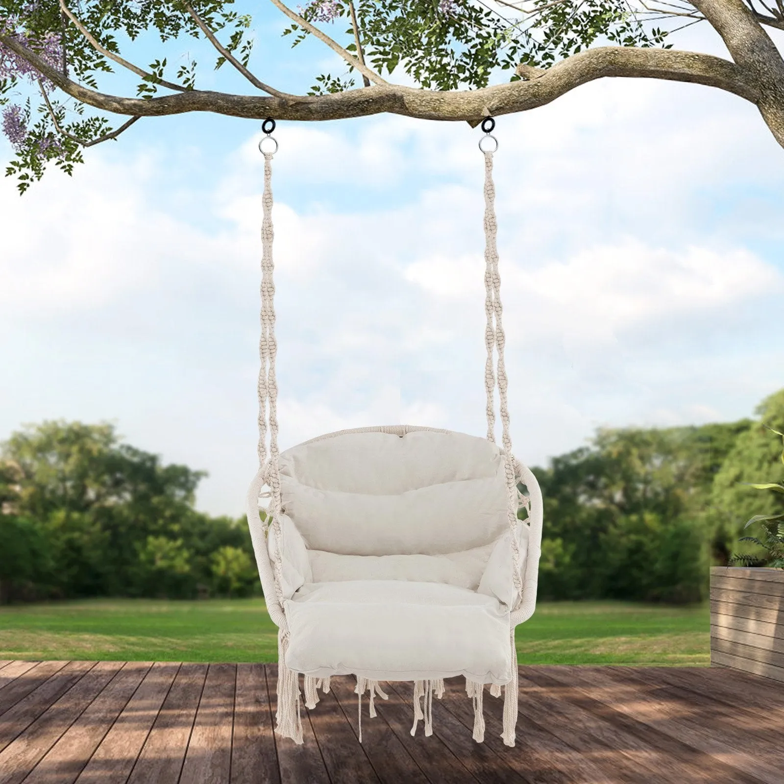 Hammock Chair with Thick Cushion and Macrame for Porch Poolside and Deck-Beige