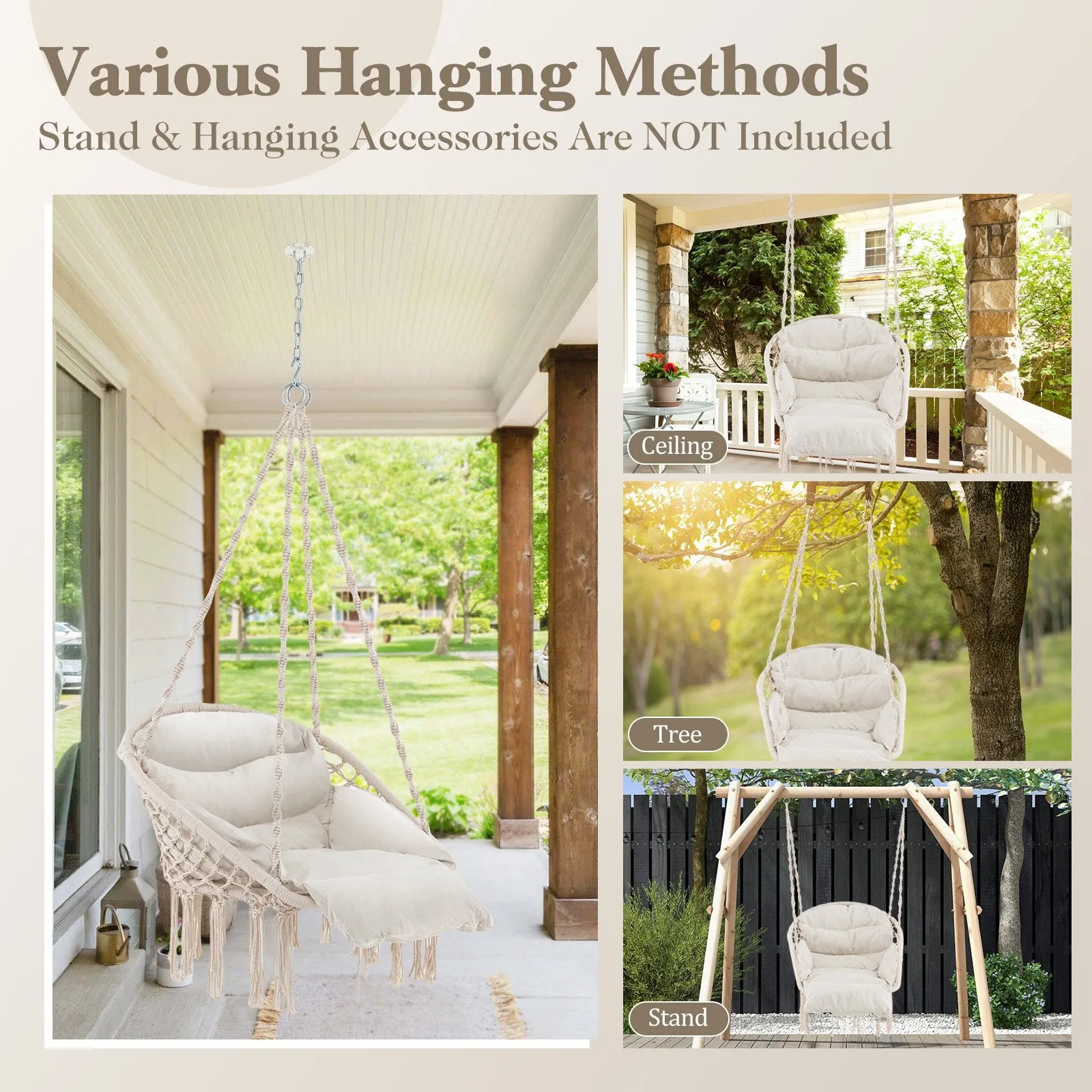 Hammock Chair with Thick Cushion and Macrame for Porch Poolside and Deck-Beige