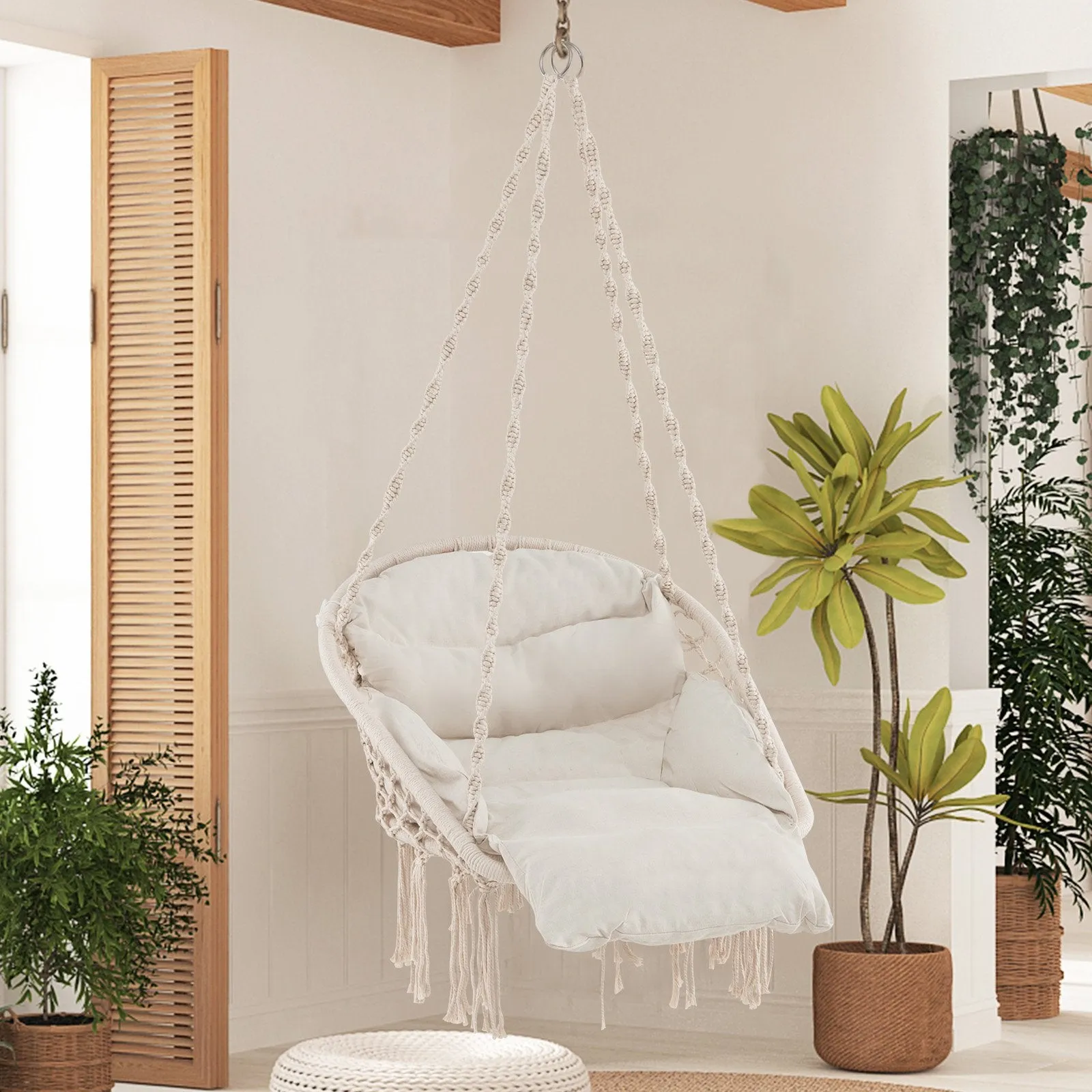 Hammock Chair with Thick Cushion and Macrame for Porch Poolside and Deck-Beige