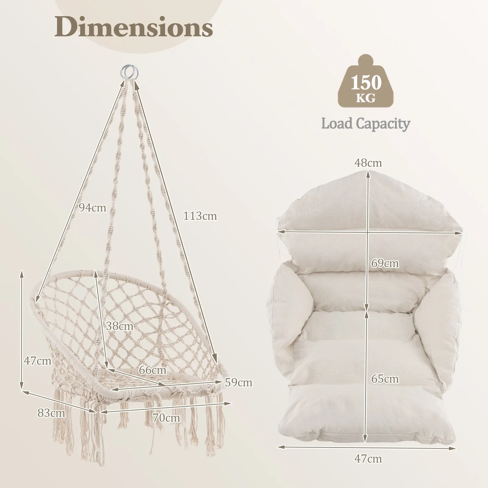 Hammock Chair with Thick Cushion and Macrame for Porch Poolside and Deck-Beige