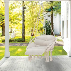 Hammock Chair with Thick Cushion and Macrame for Porch Poolside and Deck-Beige