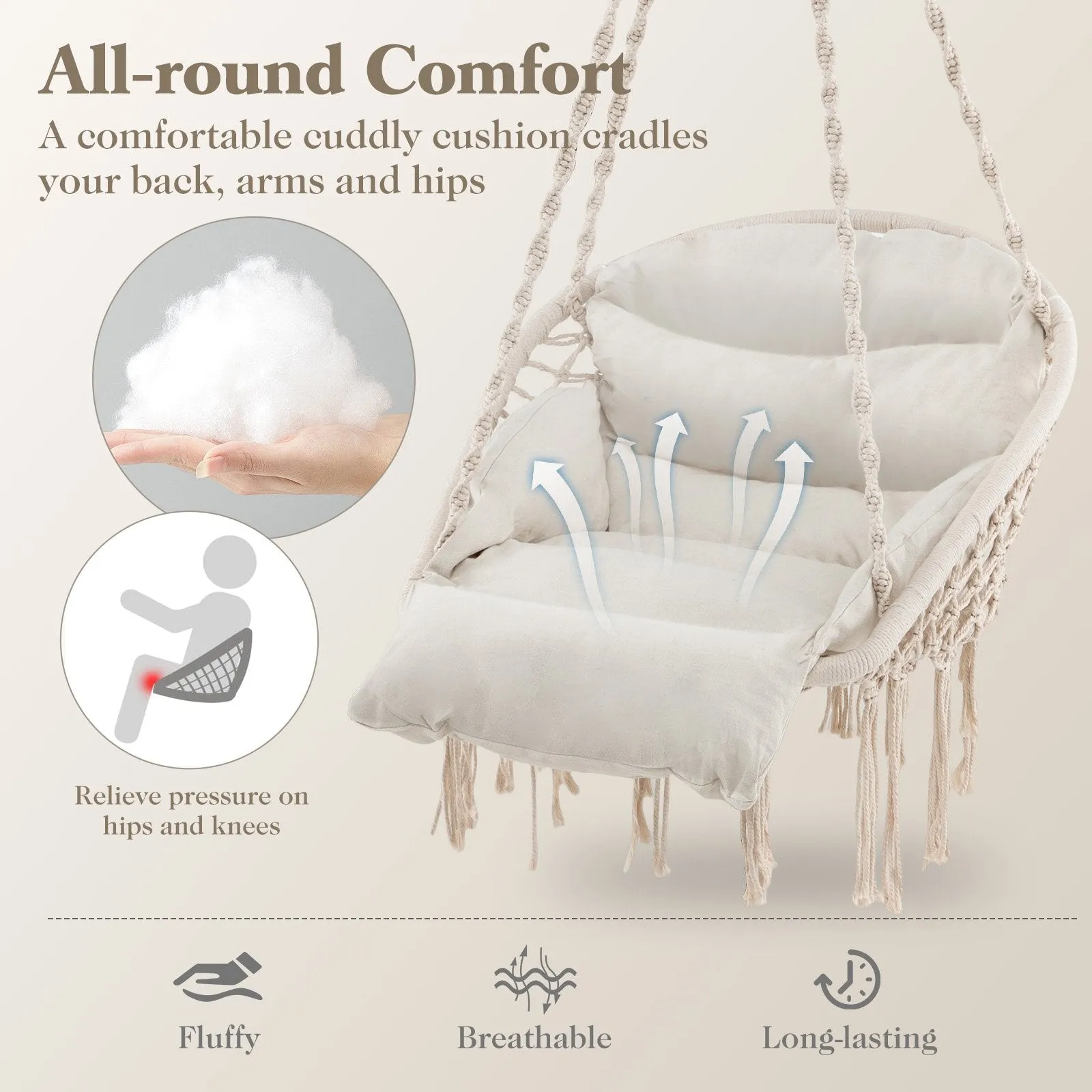 Hammock Chair with Thick Cushion and Macrame for Porch Poolside and Deck-Beige