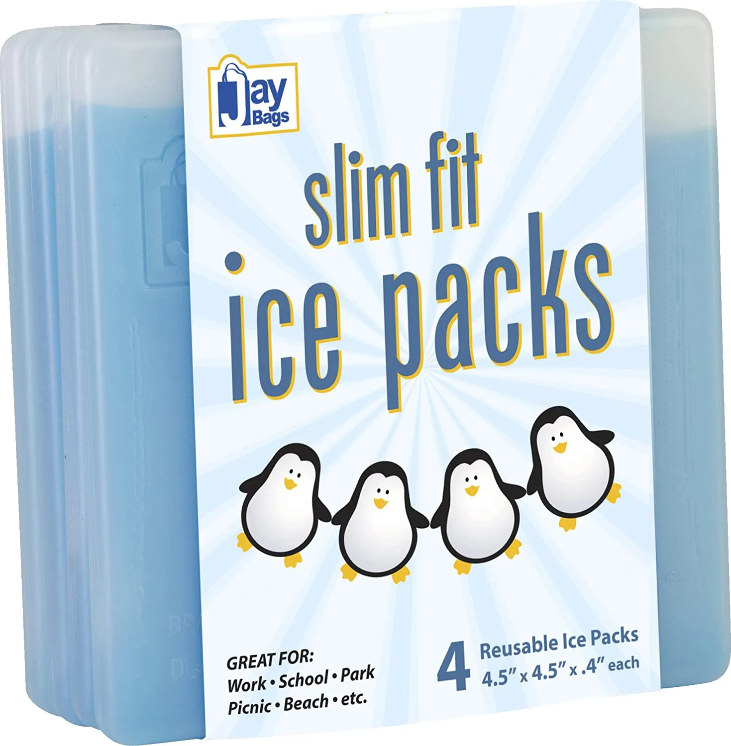 Jay Bags Slim Fit Ice Packs for Coolers, Lunch Boxes, and Lunch Bags, Reusable, 4.5" x 4.5" x 0.4" Inches, 4 Pack