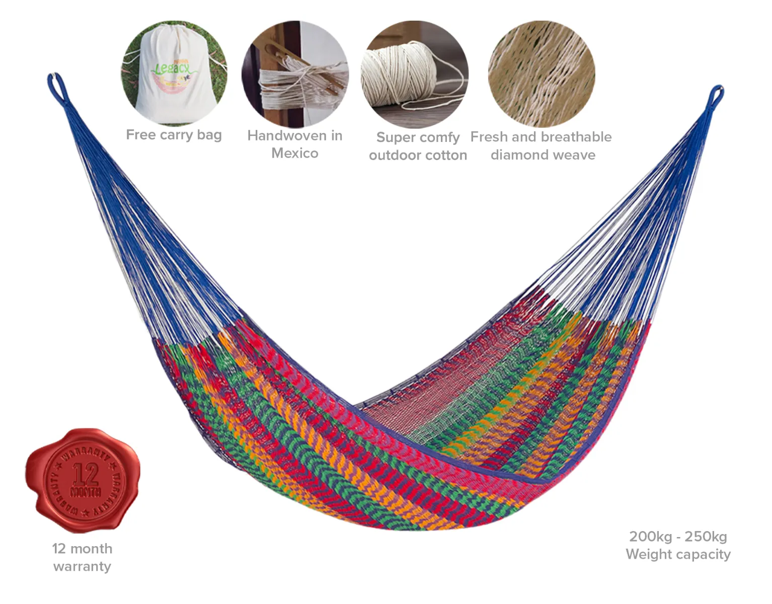 Mayan Legacy King Size Outdoor Cotton Mexican Hammock - Mexicana Color