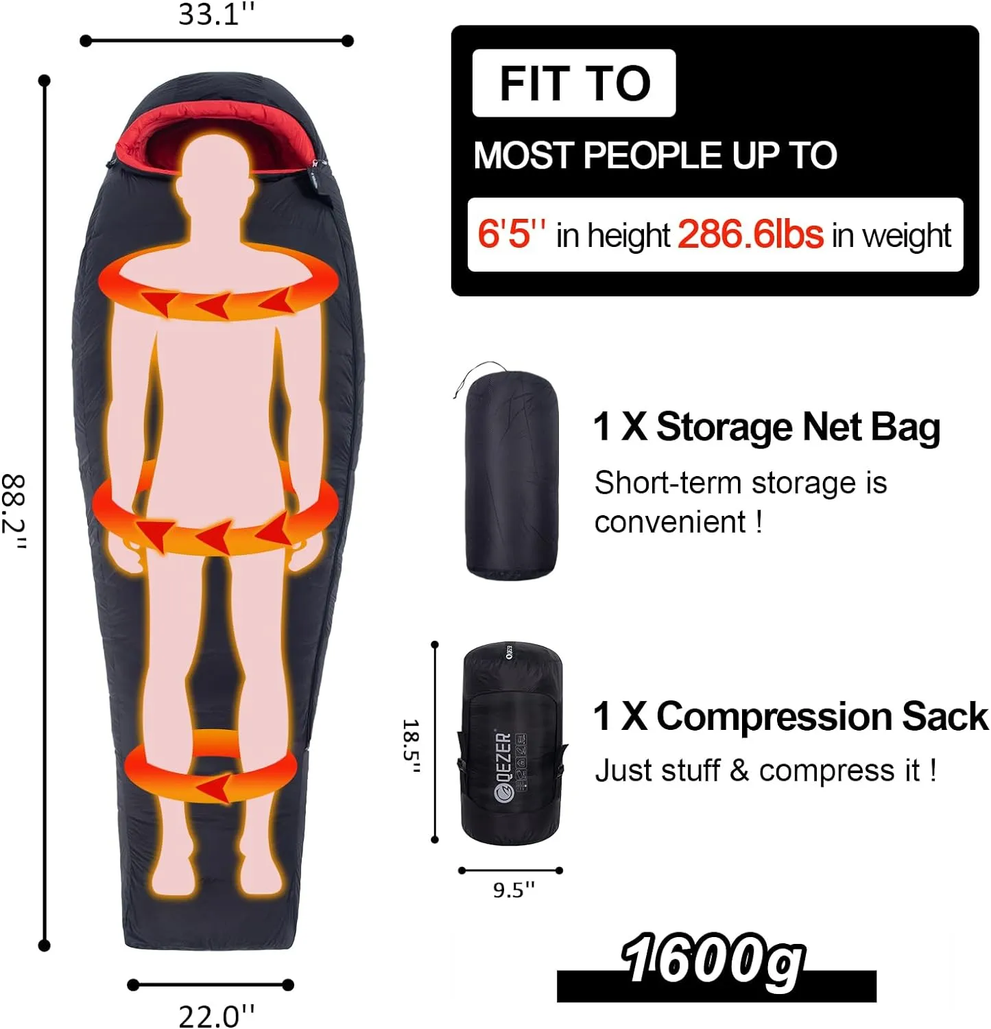 QEZER Winter Down Sleeping Bag 660FP -12℃ (QDM-1000H)